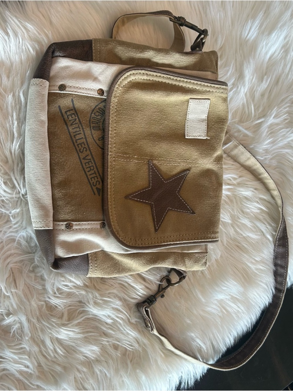 Upcycled Leather and Canvas Myra Bag Cream Crossbody with Brown Accents